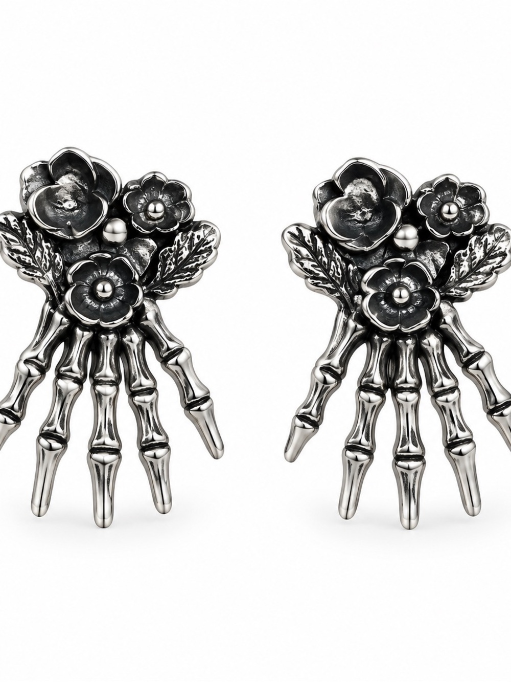 Sterling Silver Floral Skeleton Hand Earrings